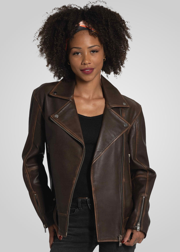 Veste surdimensionnée en cuir d'agneau frotté HARPER