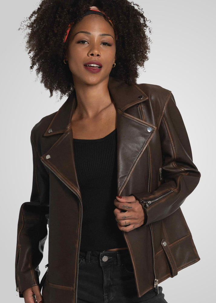 Veste surdimensionnée en cuir d'agneau frotté HARPER