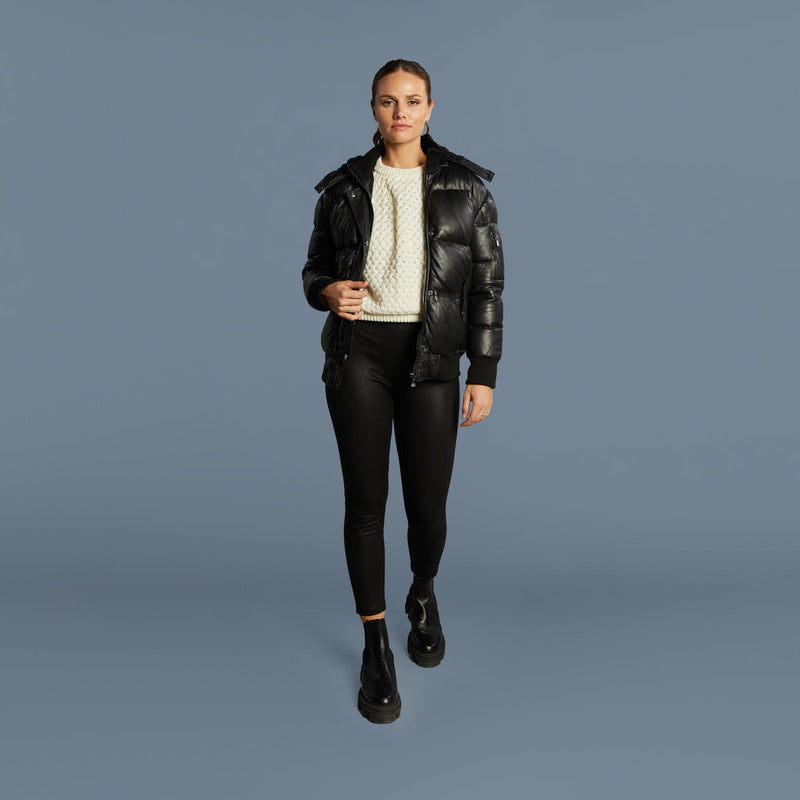 PIPER Cropped Leather Puffer Jacket With Hood