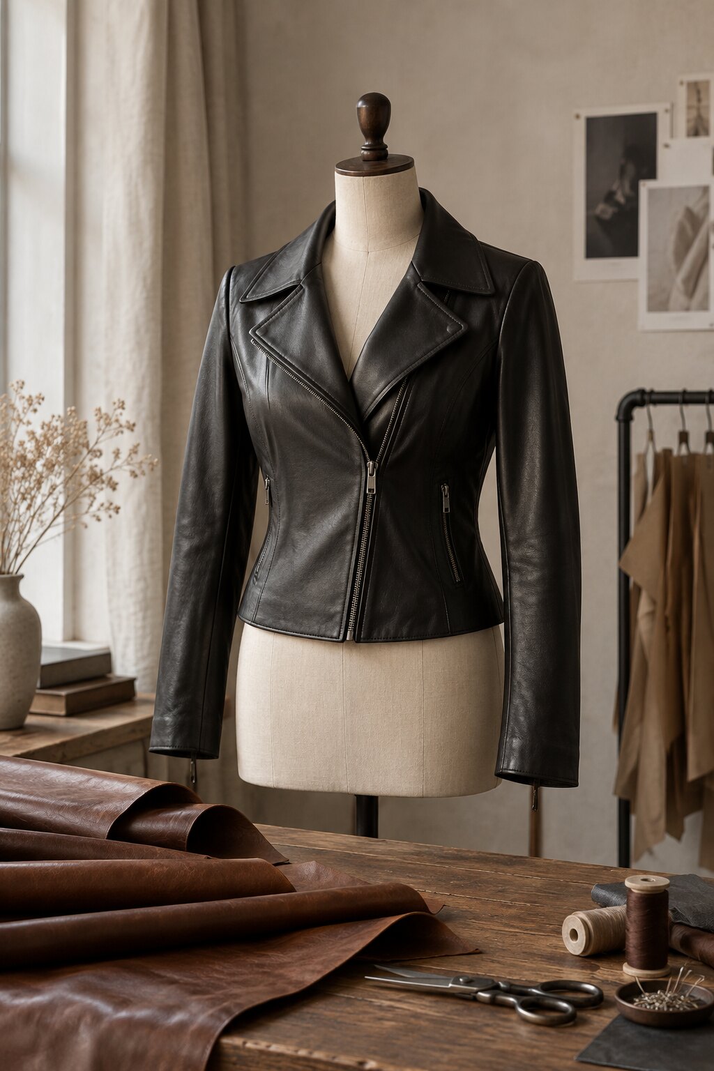 Women's black leather jacket on a dress form in an atelier