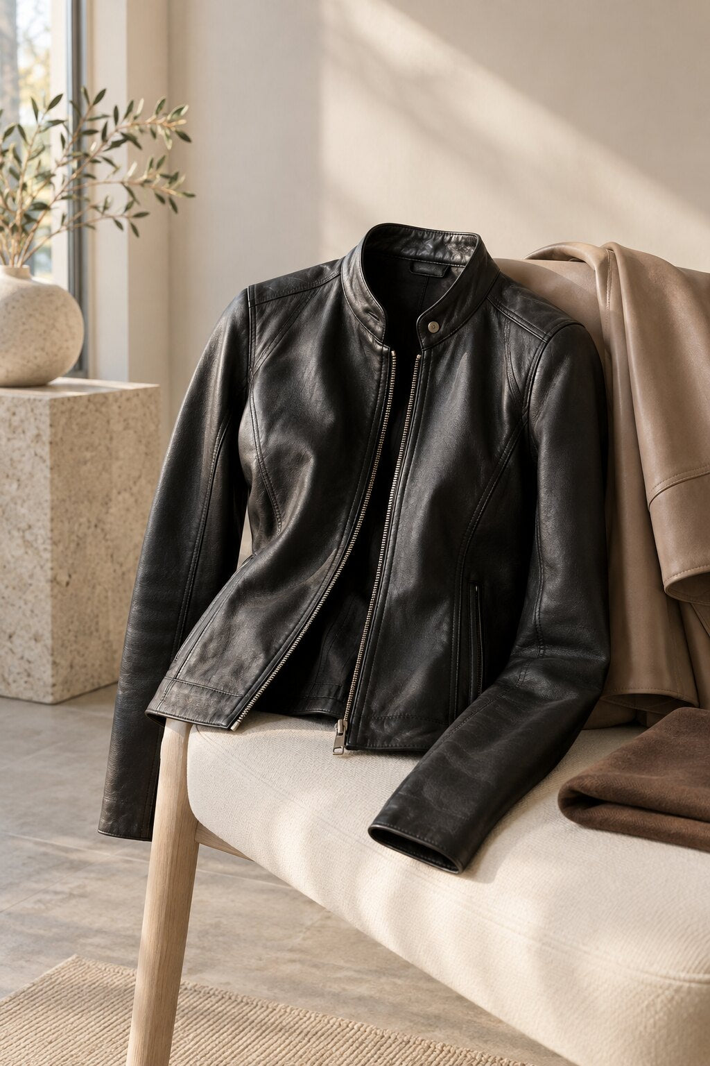 Women's fitted black leather jacket in a refined studio interior