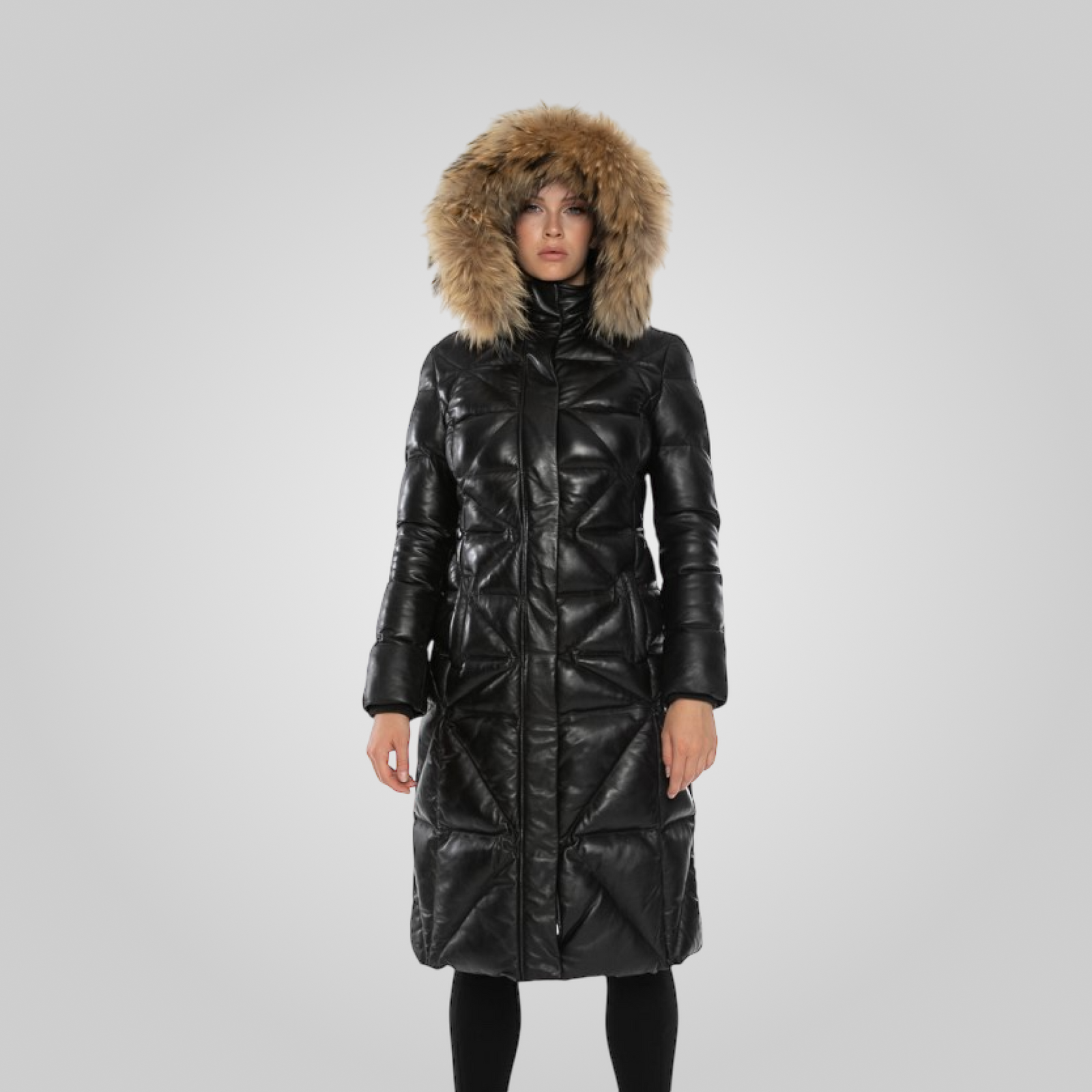 MASHA Long Leather Jacket With Fur Black L