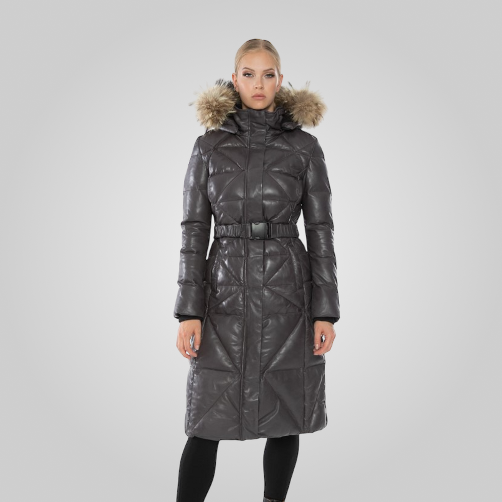 MASHA Long Leather Jacket With Fur STEEL MAUVE XS