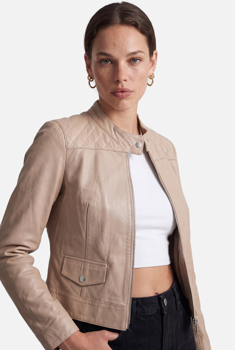 TAMMY Leather Biker Jacket  - LATTE