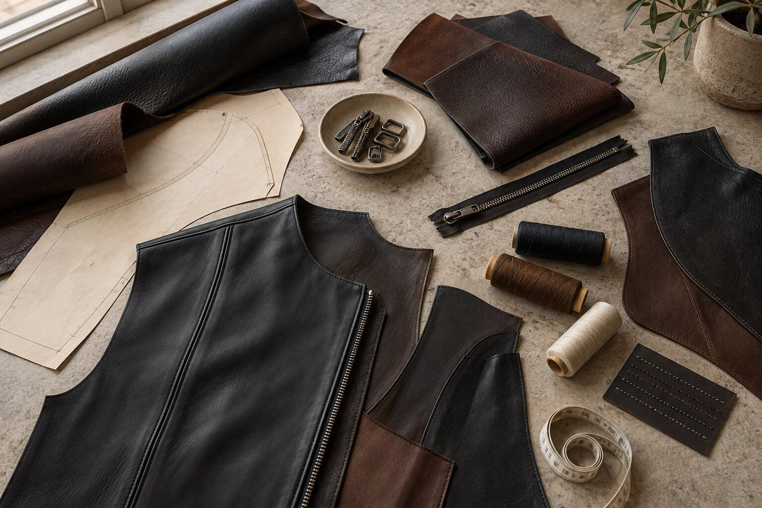 Leather jacket pattern pieces, swatches, stitching, and hardware on a worktable