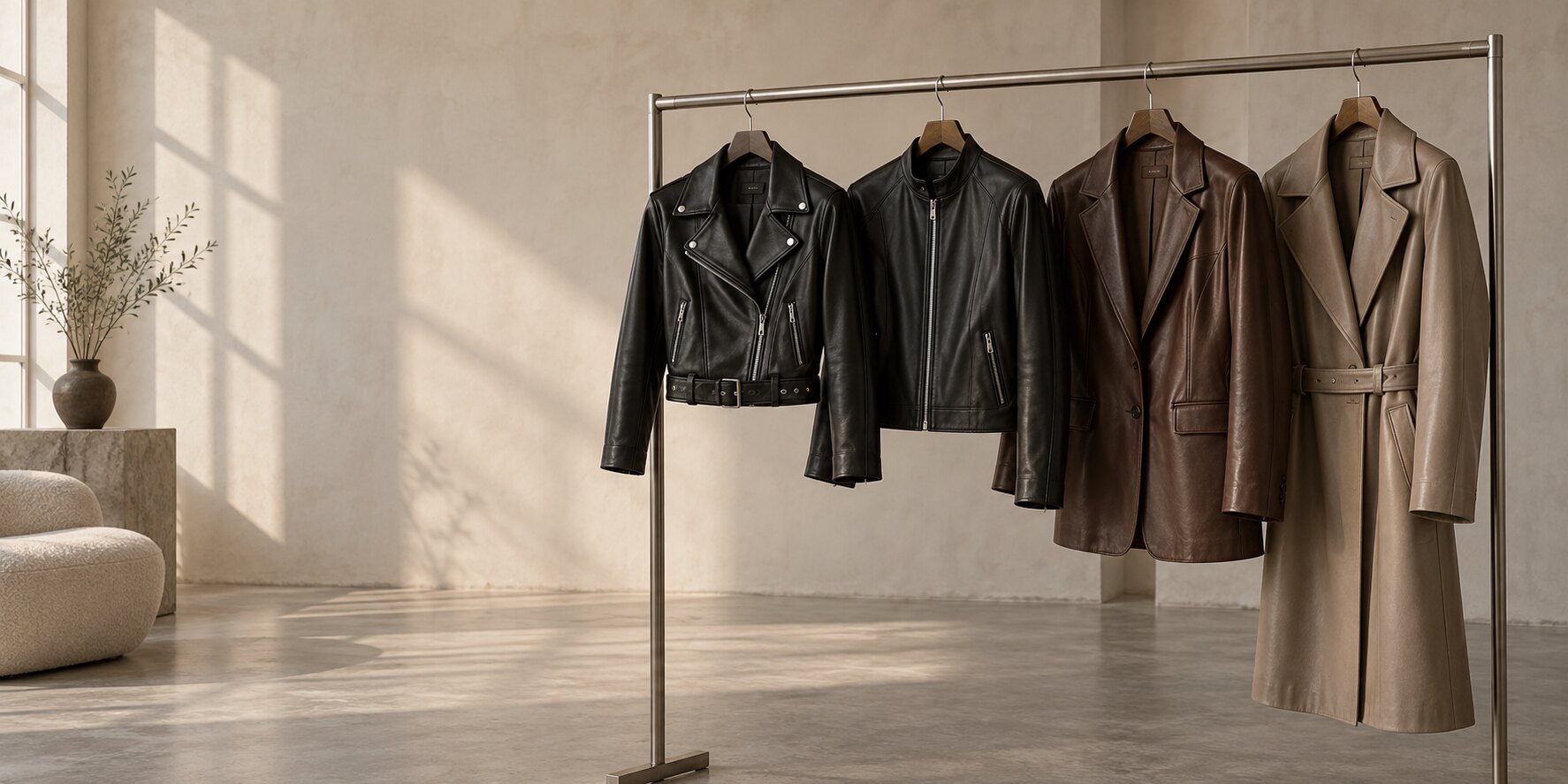 Women's leather jackets and coats on a garment rail in a refined atelier