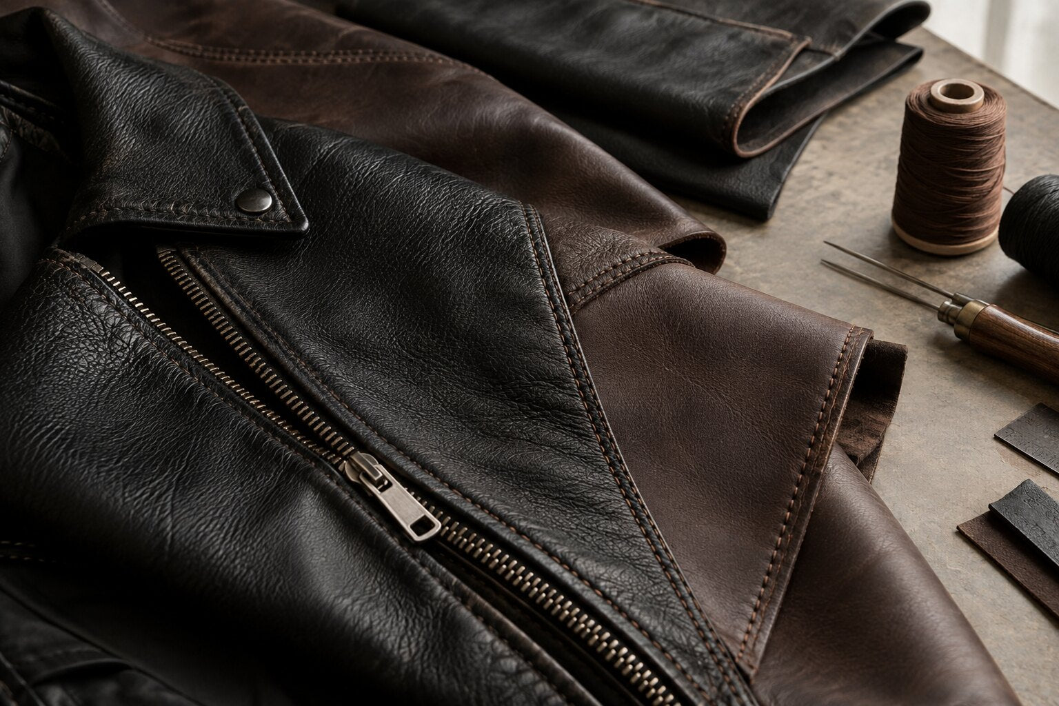 Close-up leather grain, stitching, and jacket hardware