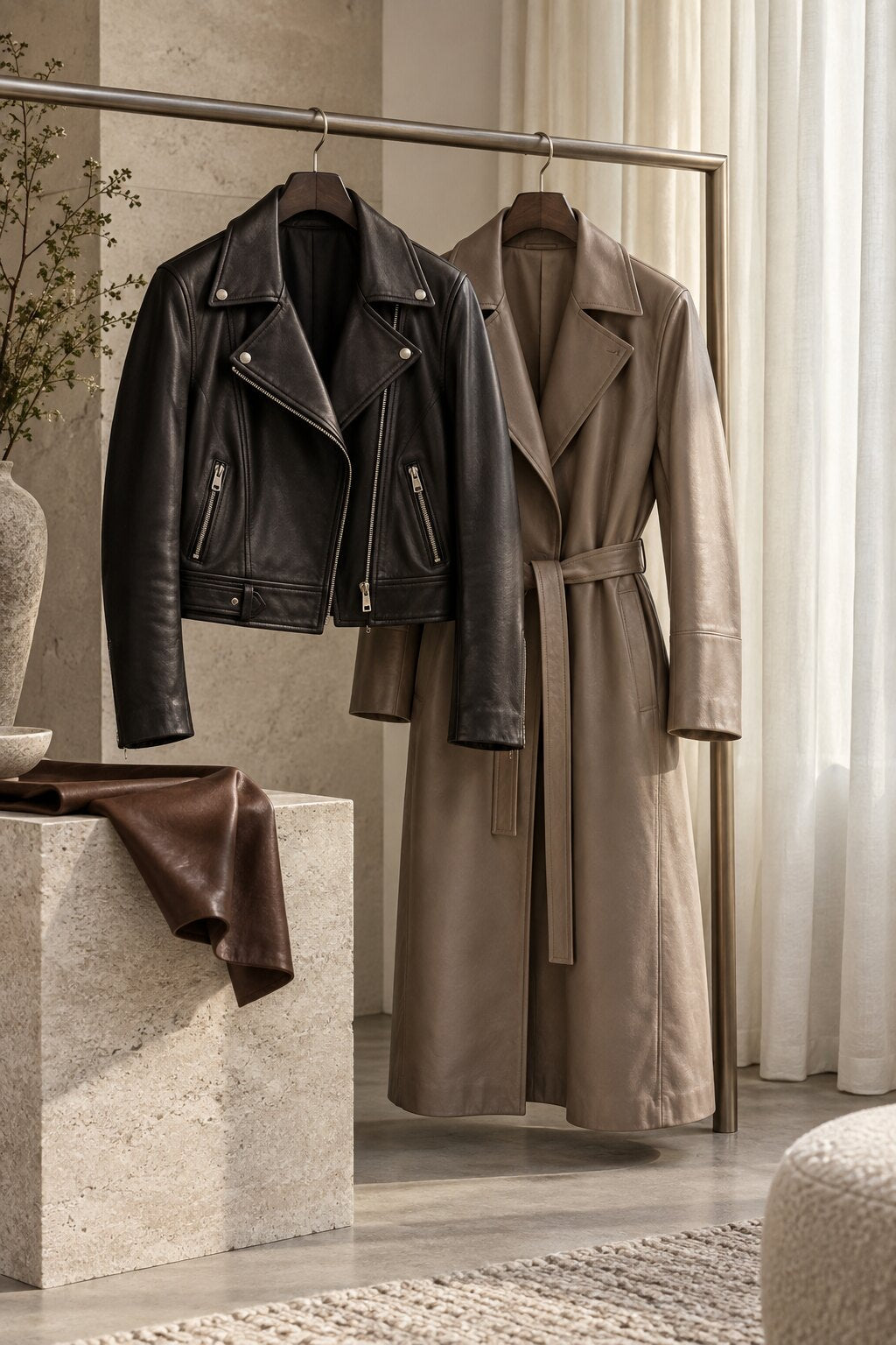 Women's black leather jacket and taupe leather coat on an atelier garment rail